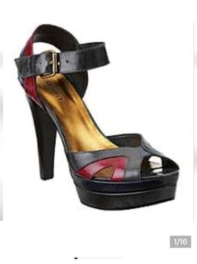 Nine West Debutante 5" stacked Heel Ankle Strap Three Tone Leather pumps Sz 7.5